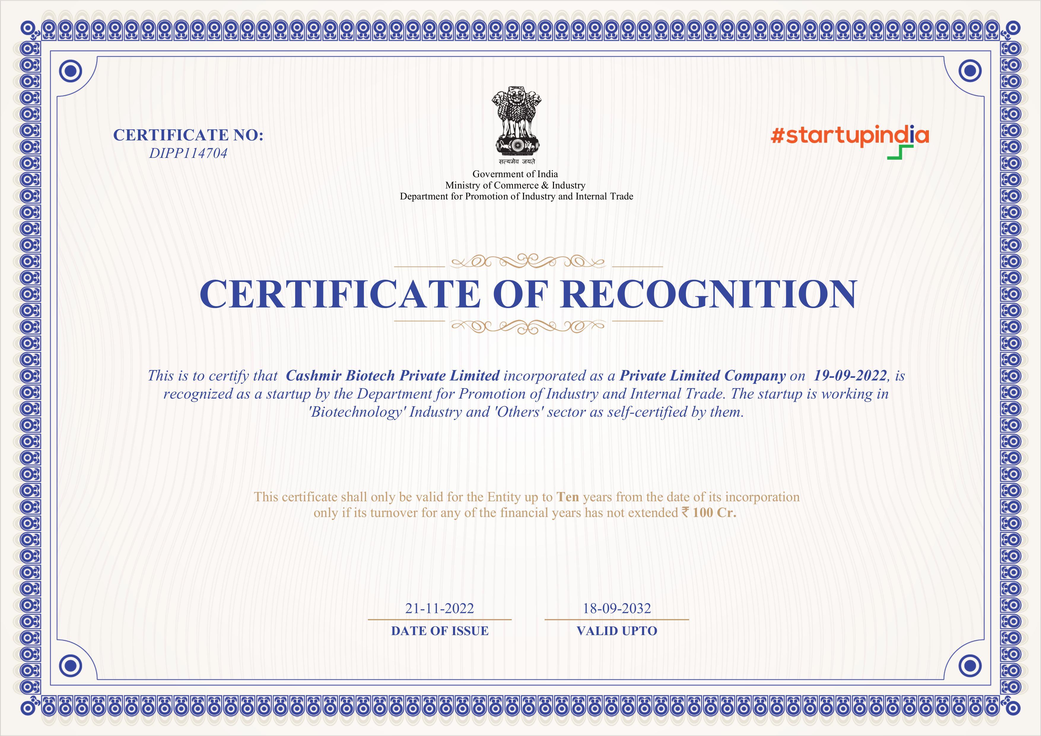 Startup Recognition Certificate